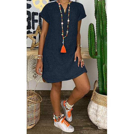 TS | Georgina - Loose basic model, short-sleeved, plain-colored cotton linen dress with V-neckline