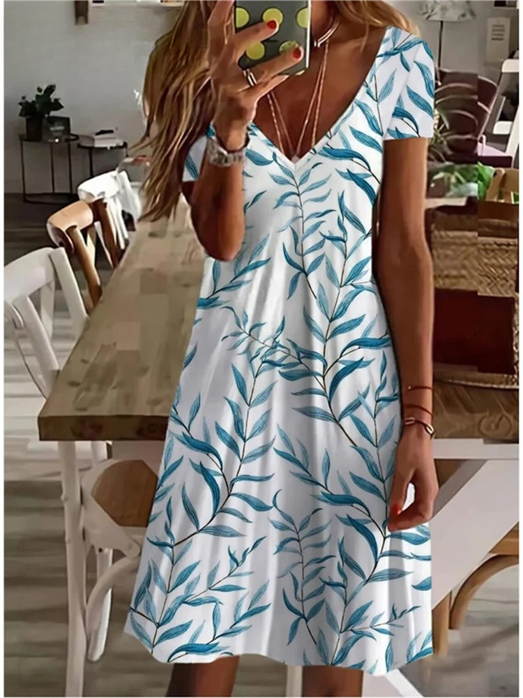 LD Women's Sundress Midi Dress Short Sleeve Floral Print Summer Casual V Neck Loose Dresses Plus Size 2024 Dameskleding Vestidos
