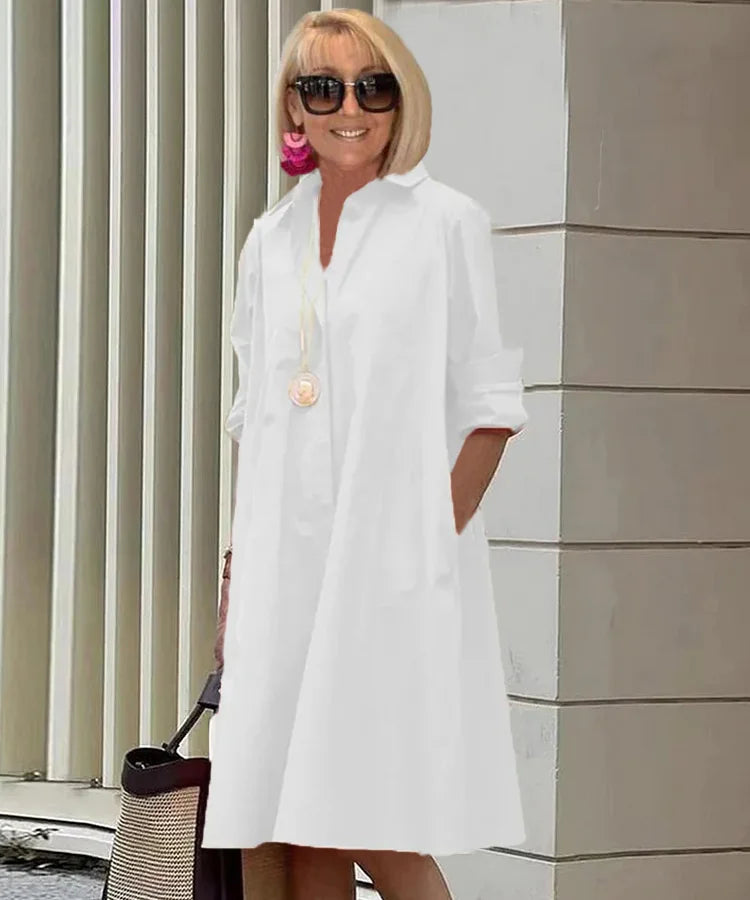 TS | Spring/Summer New Fashion Type Temperamental Shirt Collar Long Sleeve Pocket Half Length Dress