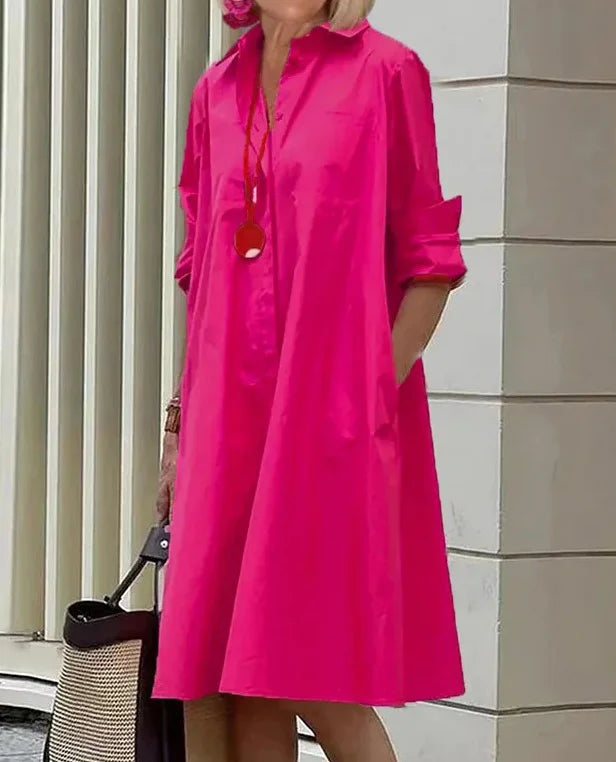 TS | Spring/Summer New Fashion Type Temperamental Shirt Collar Long Sleeve Pocket Half Length Dress