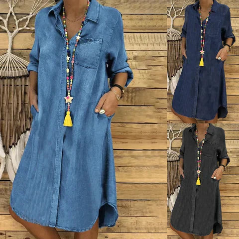 LD Jeans midi-jurk met opgerolde mouwen en borstzak.