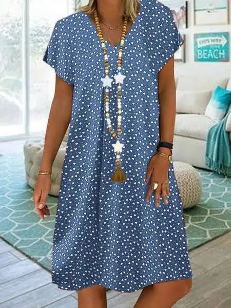 LM | 2023 Women Summer Dress Elegant Bohemian Loose V-Neck Short Sleeve Heart Printed Dresses Ladies Clothing Beach Sundress
