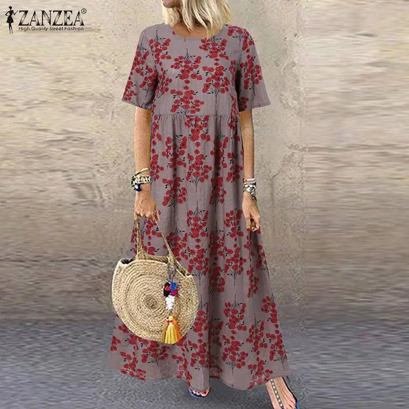 LM | 2024 ZANZEA Women Bohemian Short Sleeve Floral Printed Sundress O Neck Vacation Kaftan Vestido Baggy Dress Summer Long Dresses