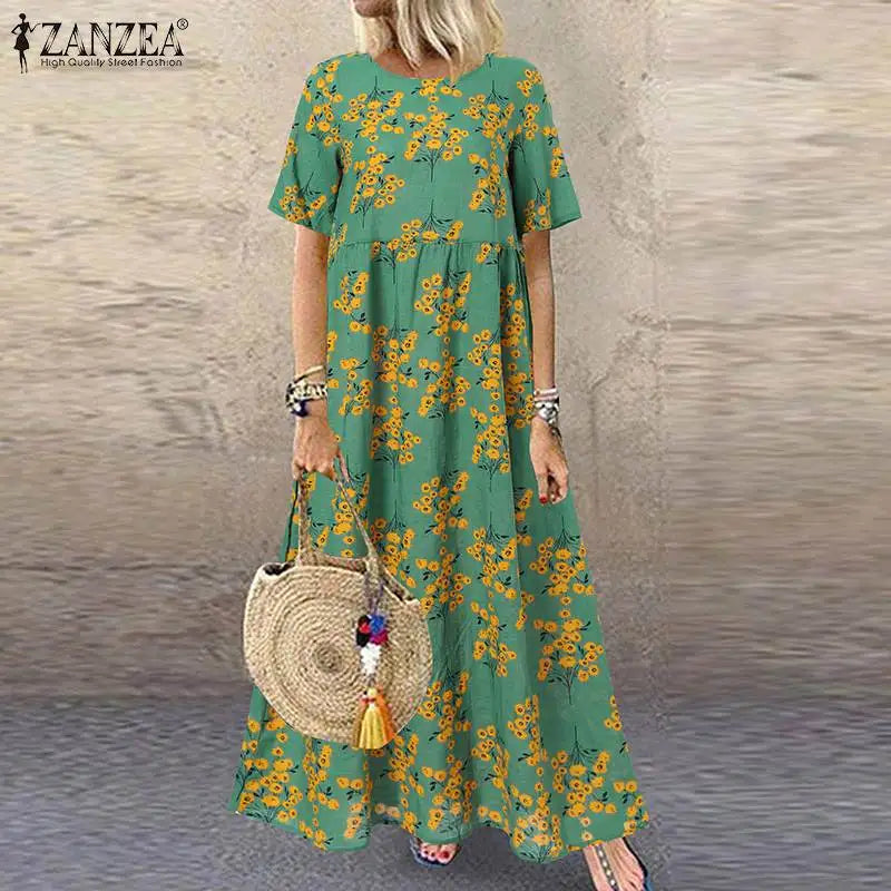 LM | 2024 ZANZEA Women Bohemian Short Sleeve Floral Printed Sundress O Neck Vacation Kaftan Vestido Baggy Dress Summer Long Dresses