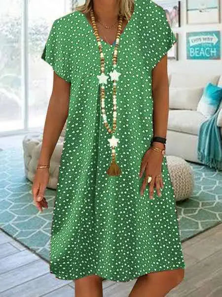 LM | 2023 Women Summer Dress Elegant Bohemian Loose V-Neck Short Sleeve Heart Printed Dresses Ladies Clothing Beach Sundress
