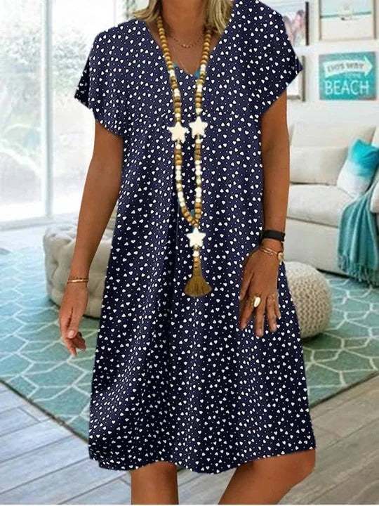 LM | 2023 Women Summer Dress Elegant Bohemian Loose V-Neck Short Sleeve Heart Printed Dresses Ladies Clothing Beach Sundress