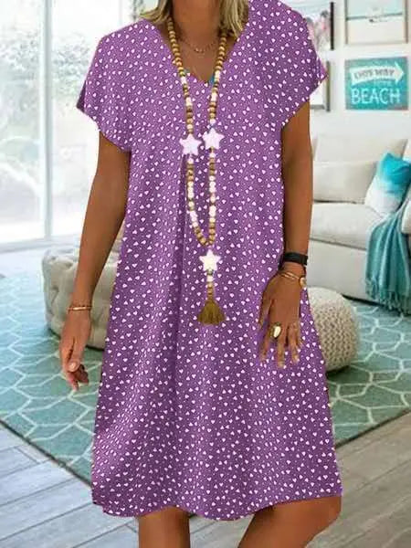 LM | 2023 Women Summer Dress Elegant Bohemian Loose V-Neck Short Sleeve Heart Printed Dresses Ladies Clothing Beach Sundress