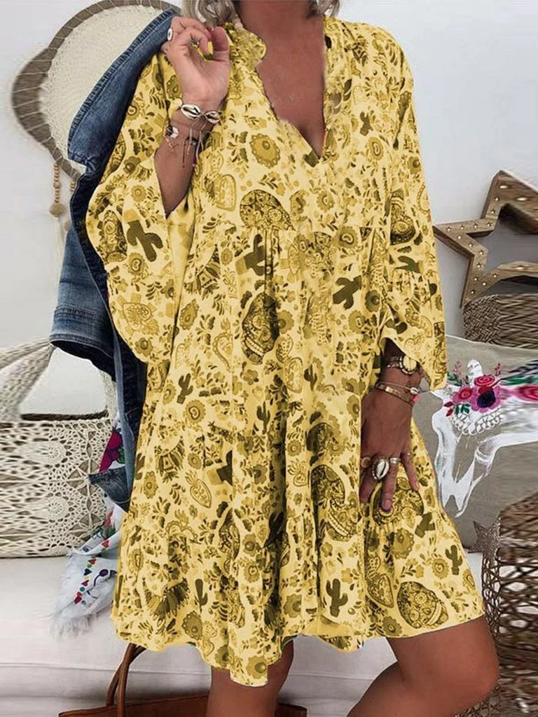 LM | Printed midi dress with 3/4 sleeves and V-neck by Fashionmigo