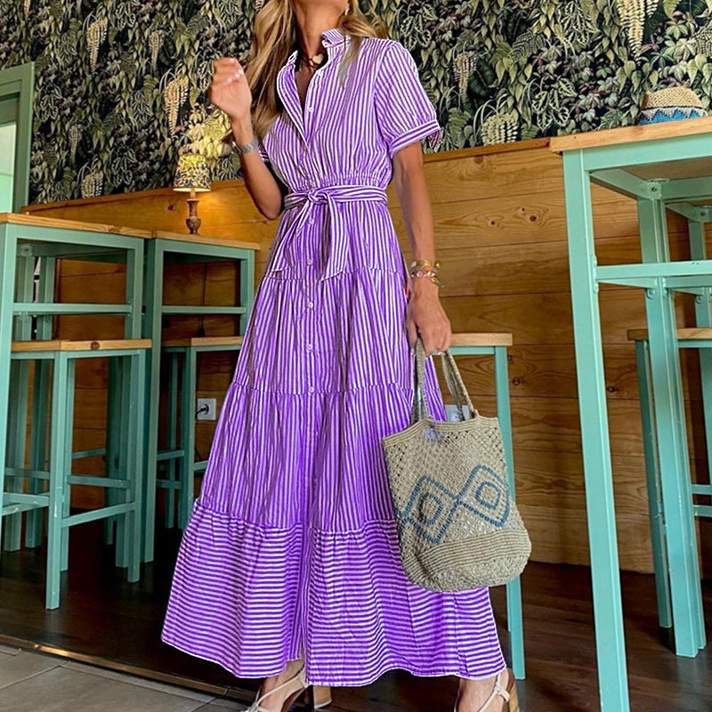 LD Fashion Gestreepte Mouwen Losse Midi Dress Korte Broek