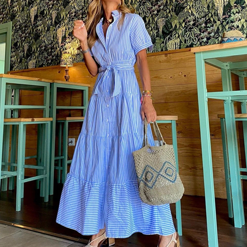 LD Fashion Gestreepte Mouwen Losse Midi Dress Korte Broek