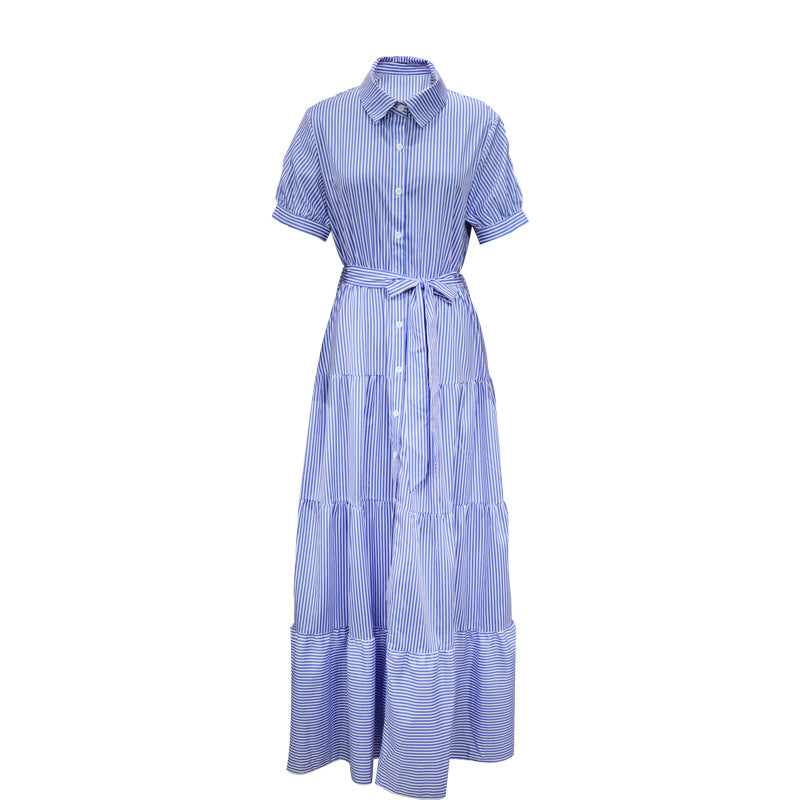 LD Fashion Gestreepte Mouwen Losse Midi Dress Korte Broek