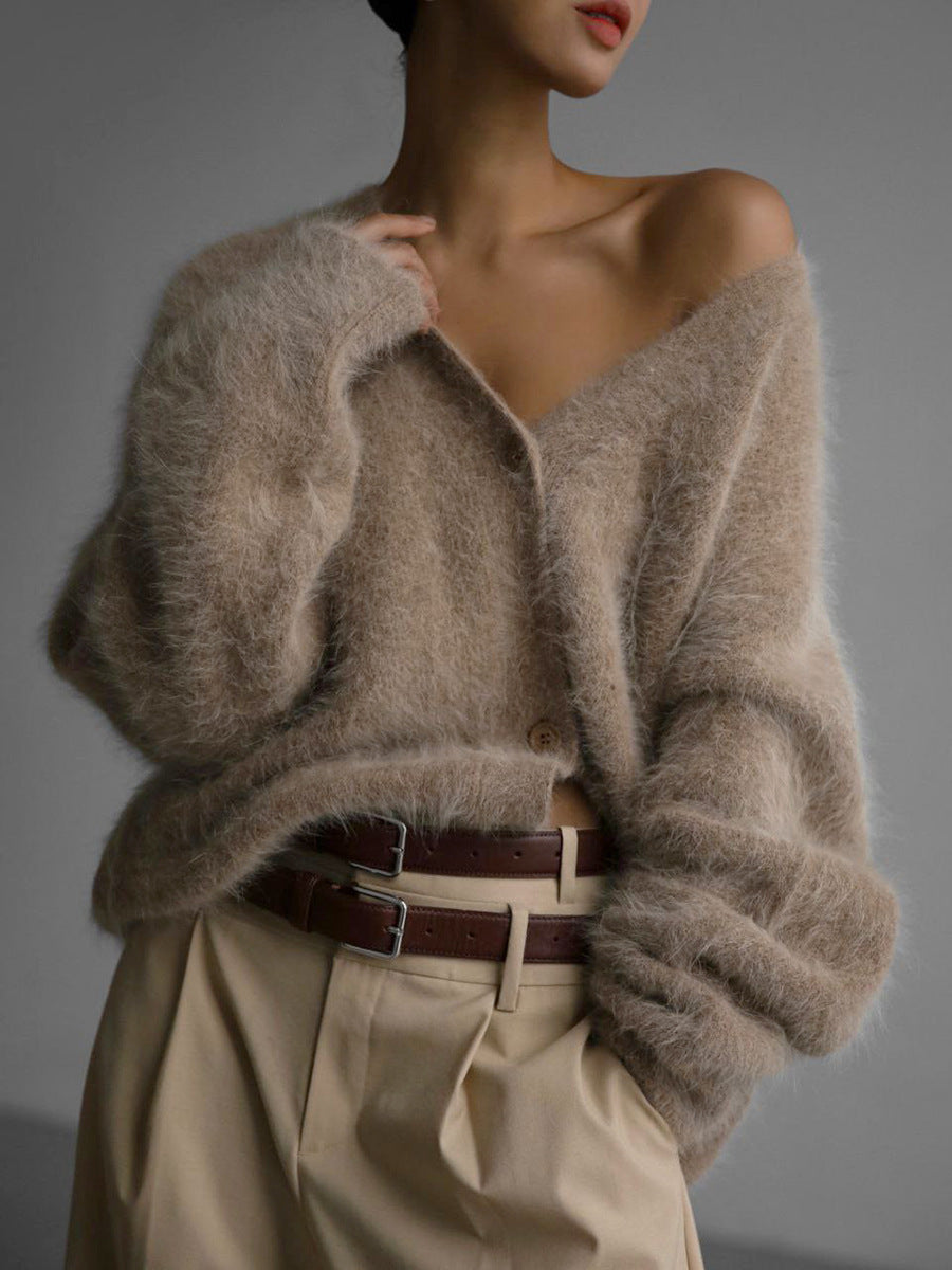 TS | Fluffy off-the-shoulder cardigan