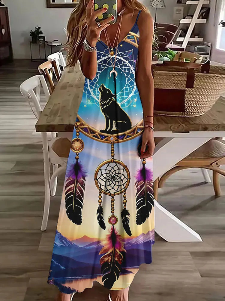 LM | 2024 New 3D Owl Vintage Print Sleeveless Vest Long Women Tribal Pattern Spaghetti Strap Dress Summer Long Loose Vest Dresses
