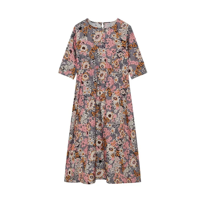 LM | 2024 Borderline Spring and Summer Printed Round Neck Covered Head Mid Sleeves Loose Casual Bag in a Long Dress