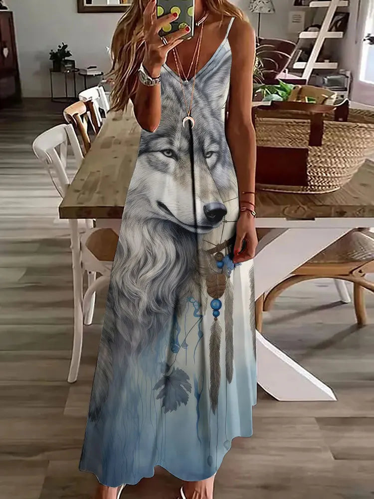 LM | 2024 New 3D Owl Vintage Print Sleeveless Vest Long Women Tribal Pattern Spaghetti Strap Dress Summer Long Loose Vest Dresses