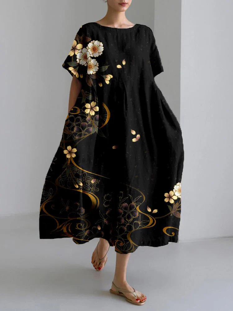 LM | 2024 New Women Round Neck Long Casual Dress Summer Large Size Fresh Fish Print Dress Street Vacation Short Sleeve Dress