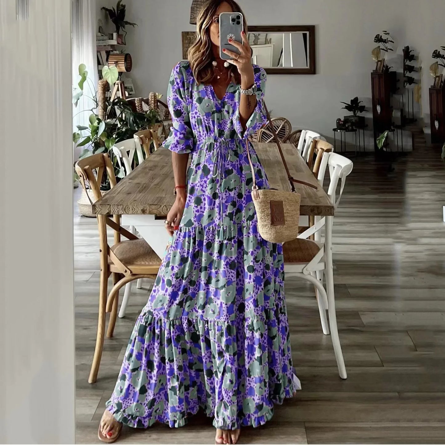 LM | 2024 summer new european and american women clothing temperament vacation v-neck printed big swing long dress