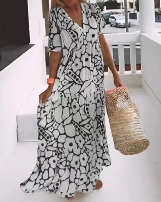 LM | 2024 AliExpress European and American Women Cross border Summer New Fashion Printed Short Sleeve Deep V-Neck Long Dress