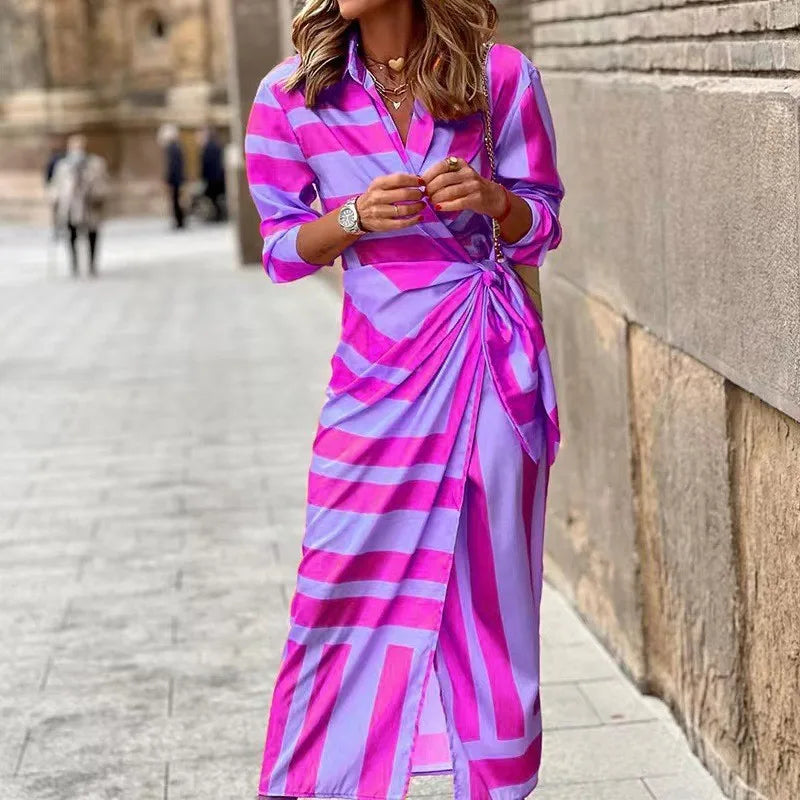LM | 2024 AliExpress European and American cross-border new fashion printed shirt collar lace-up midi striped dress