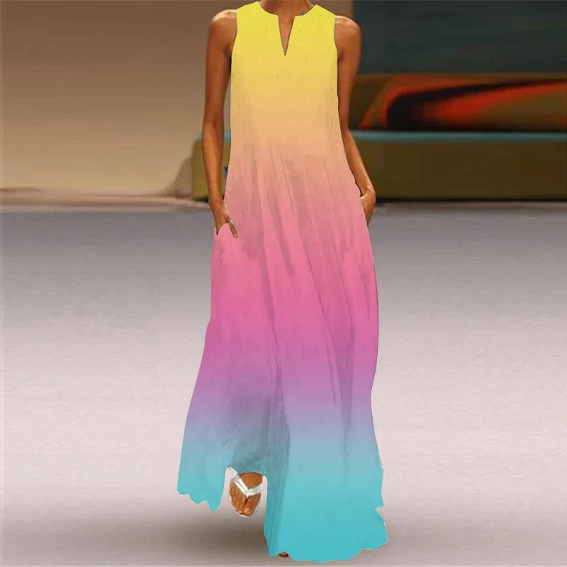 LM | 2024 New European and American Cross border Summer Long Dress Women Sleeveless V-Neck Printed Sexy
