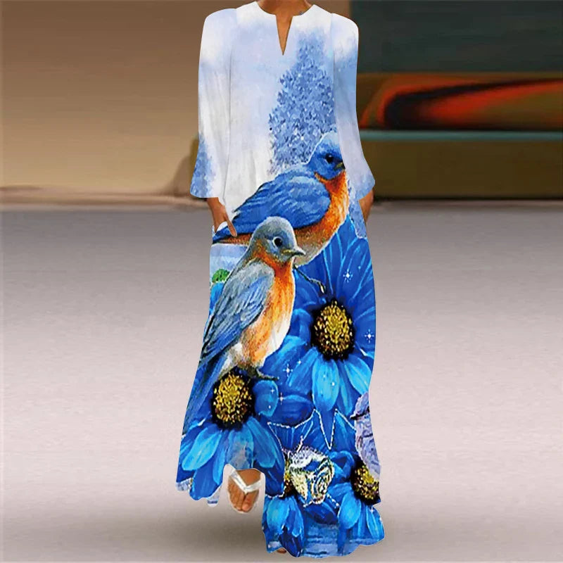 LM | 2024 European and American Cross Border Women New Dress V-Neck Long Sleeve Sexy Printed Large Pocket Foreign Trade Dress