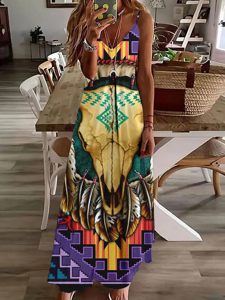 LM | 2024 New 3D Owl Vintage Print Sleeveless Vest Long Women Tribal Pattern Spaghetti Strap Dress Summer Long Loose Vest Dresses