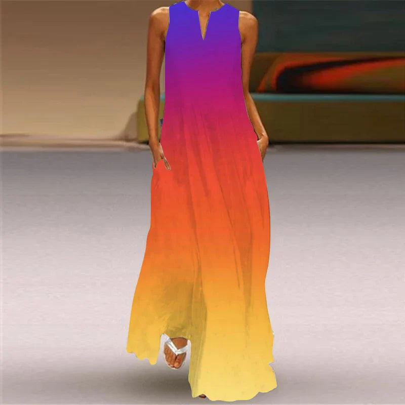 LM | 2024 New European and American Cross border Summer Long Dress Women Sleeveless V-Neck Printed Sexy