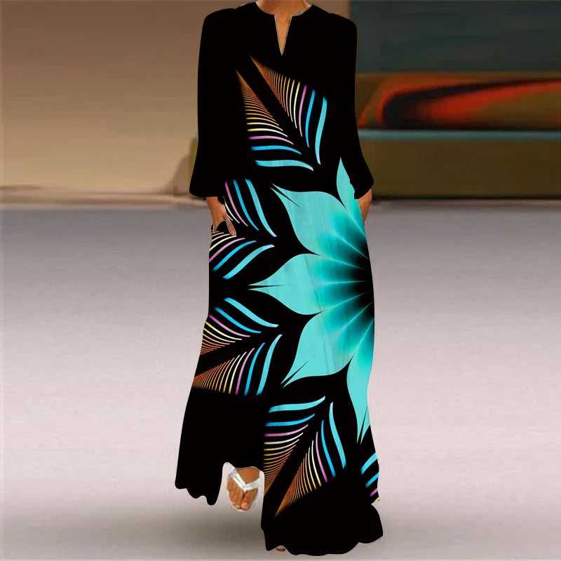 LM | 2024 European and American Cross Border Women New Dress V-Neck Long Sleeve Sexy Printed Large Pocket Foreign Trade Dress
