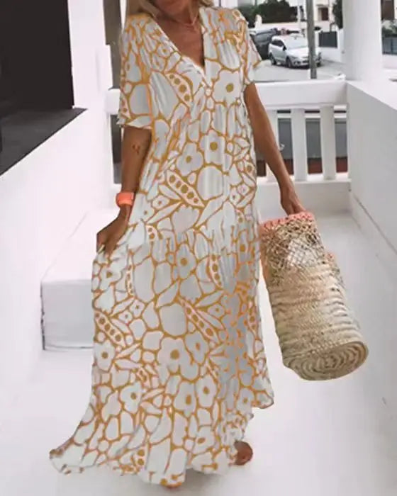LM | 2024 AliExpress European and American Women Cross border Summer New Fashion Printed Short Sleeve Deep V-Neck Long Dress