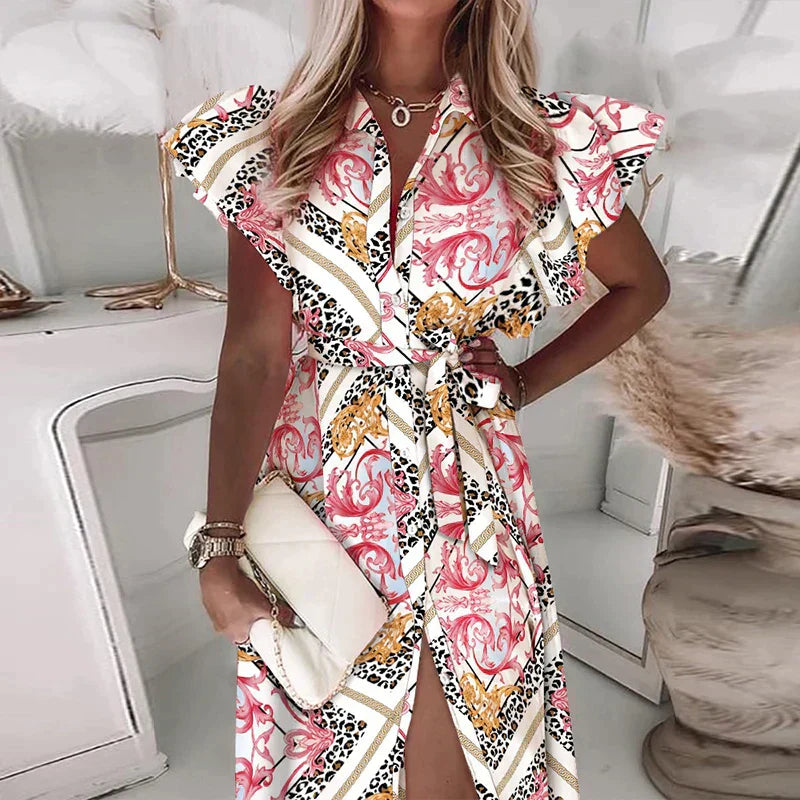 LM | Midi dress with flounces, short sleeves, V-neck, printed with buttons