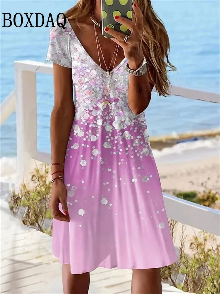 LM | 2024 Short Sleeve Women New Dress Summer Sweater Fashion Plus Size Dress Casual Loose V-Neck Ladies Summer Print Party Dress