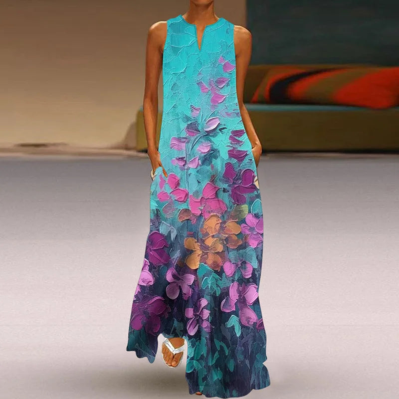 LM | 2025 Summer New Vintage Flower Printed Long Dresses Women Fashion V-Neck Loose Sleeveless Dress Casual Commuting Vestidos Female