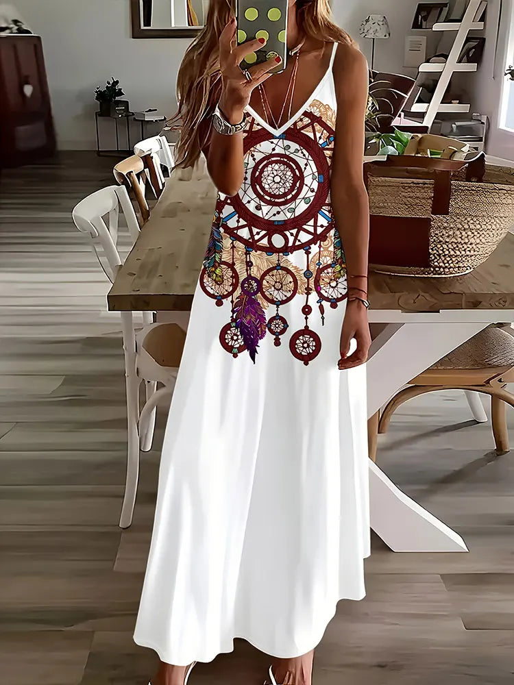 LM | 2024 New Vintage Ethnic Print Ladies Elegant Dress Summer Ladies Casual Sleeveless Dress Street Fashion Ladies Long Dress