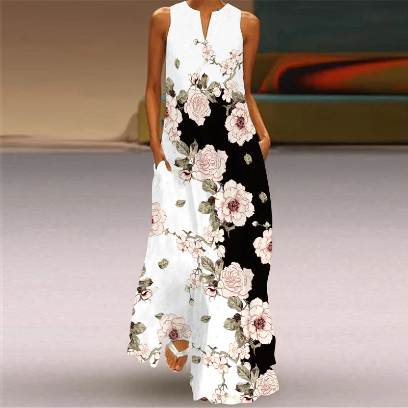 LM | 2024 New European and American Cross border Summer Long Dress Women Sleeveless V-Neck Printed Sexy