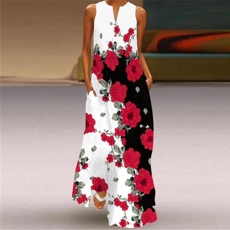 LM | 2024 New European and American Cross border Summer Long Dress Women Sleeveless V-Neck Printed Sexy