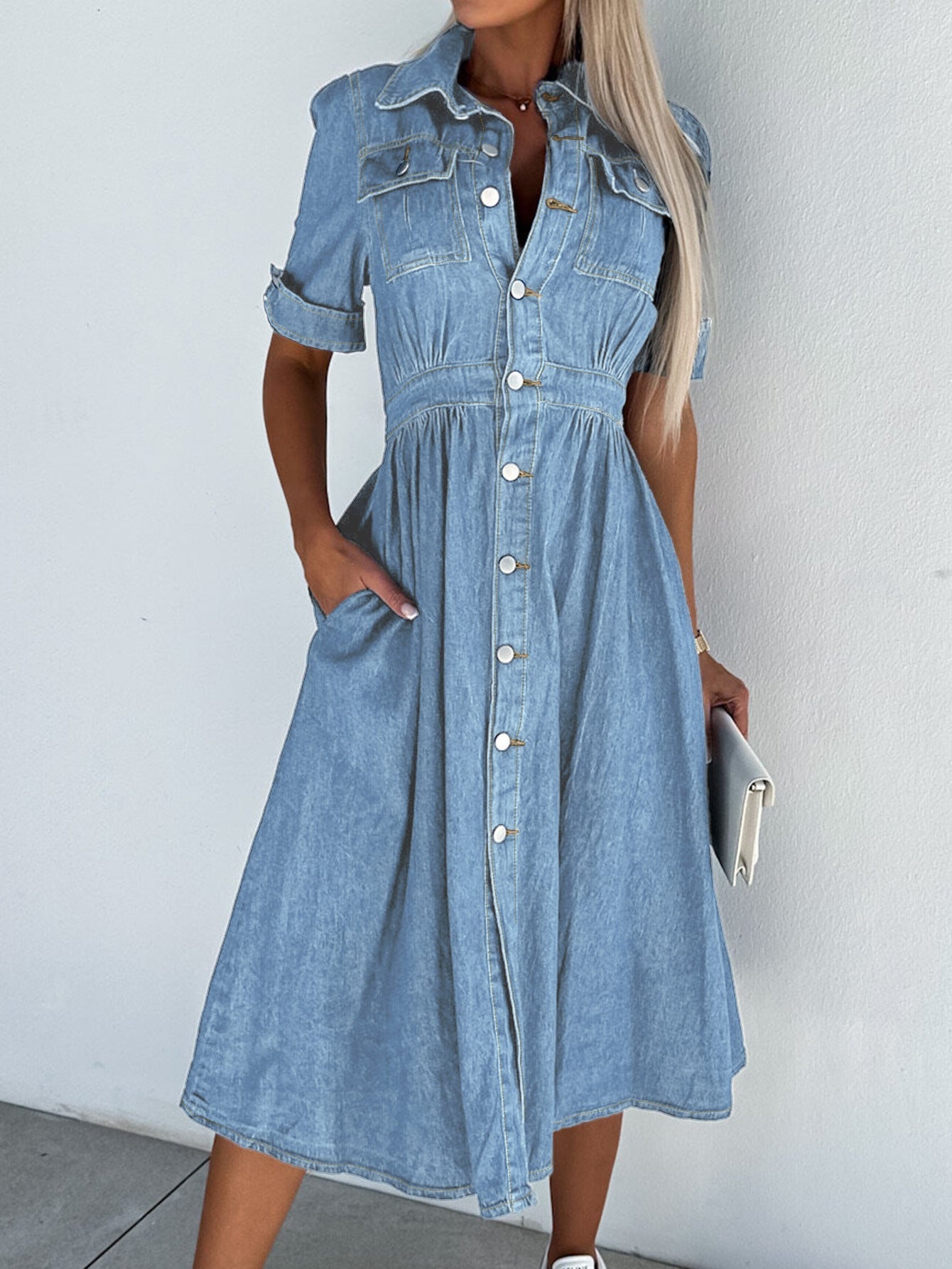 TS | Professional denim dress: solid patchwork turtleneck