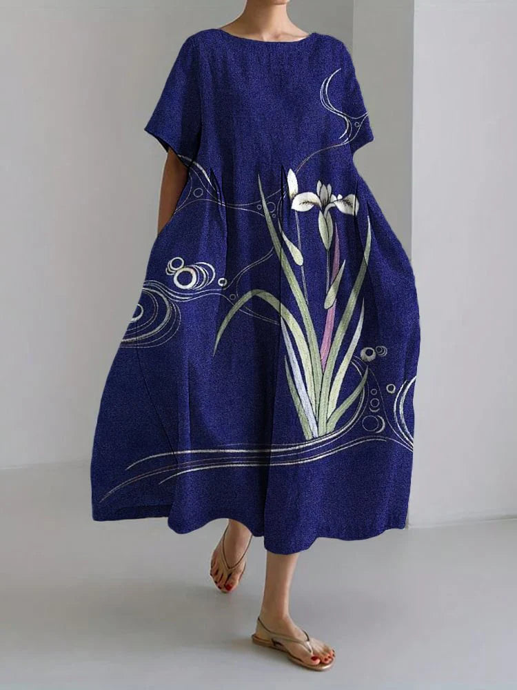 LM | 2024 New Women Round Neck Long Casual Dress Summer Large Size Fresh Fish Print Dress Street Vacation Short Sleeve Dress