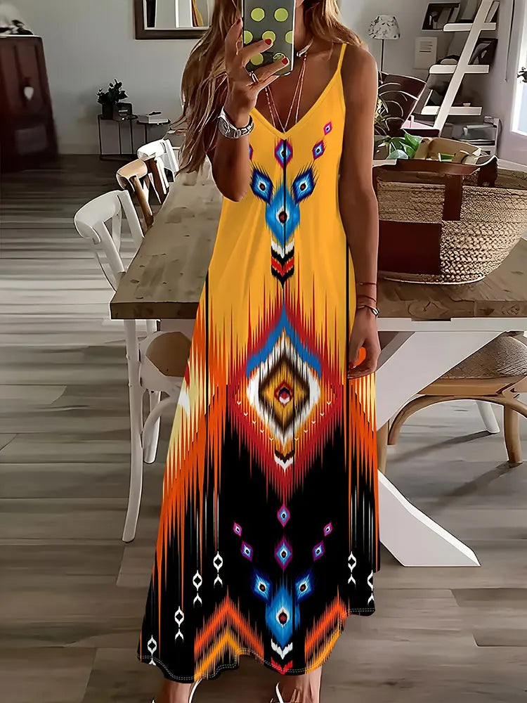 LM | 2024 New Vintage Ethnic Print Ladies Elegant Dress Summer Ladies Casual Sleeveless Dress Street Fashion Ladies Long Dress