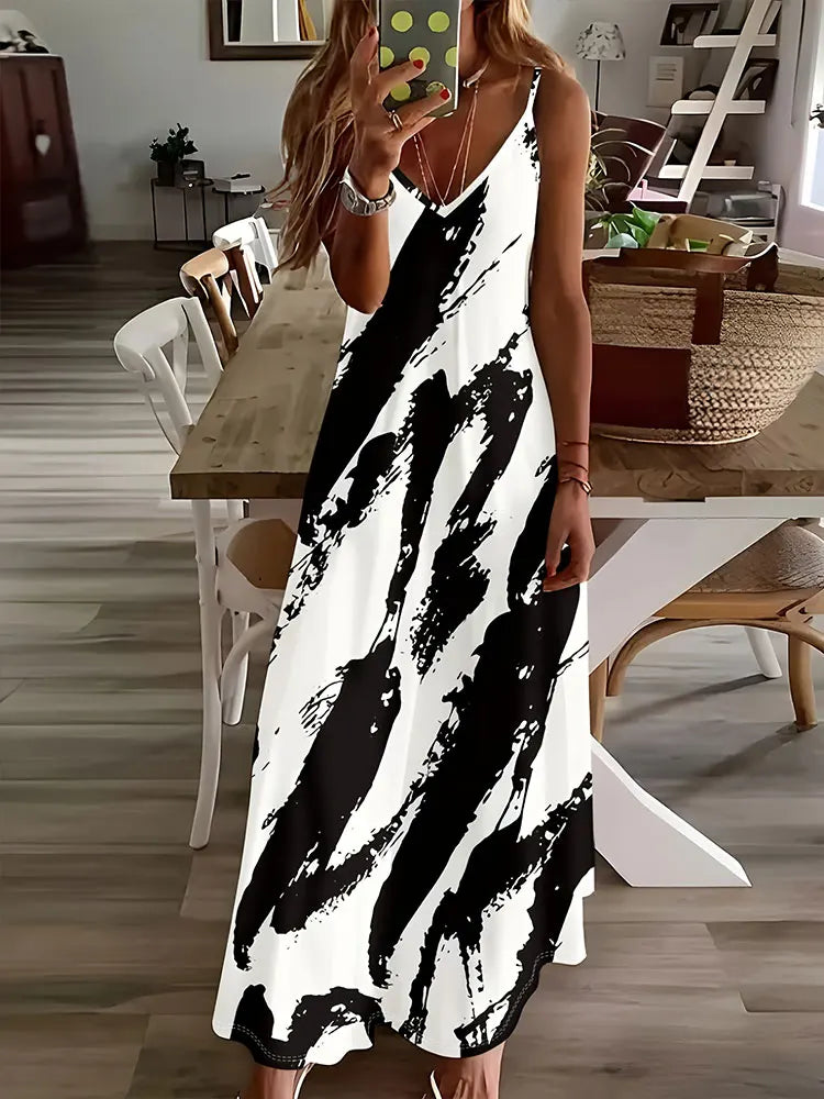 LM | 2024 New Vintage Ethnic Print Ladies Elegant Dress Summer Ladies Casual Sleeveless Dress Street Fashion Ladies Long Dress