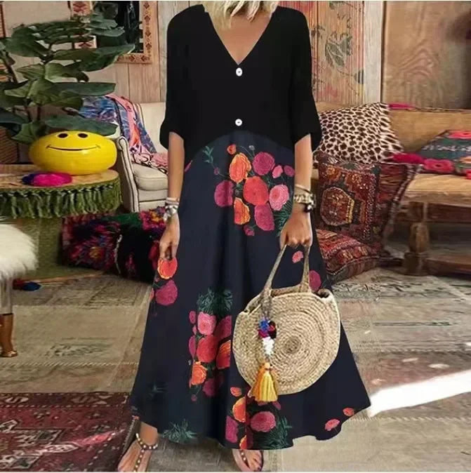 LM | 2025 Spring Oversize Women's Long Dress Print V-Neck Short Sleeve Button Loose A-Line Dresses Female Casual Elegant Women's Clothing