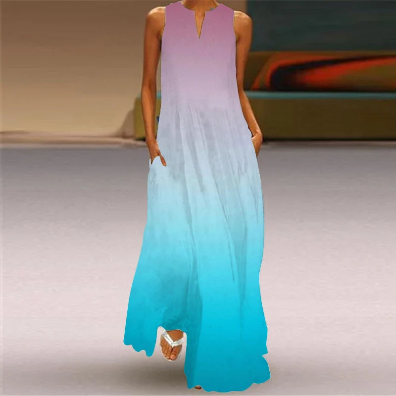 LM | 2024 New European and American Cross border Summer Long Dress Women Sleeveless V-Neck Printed Sexy