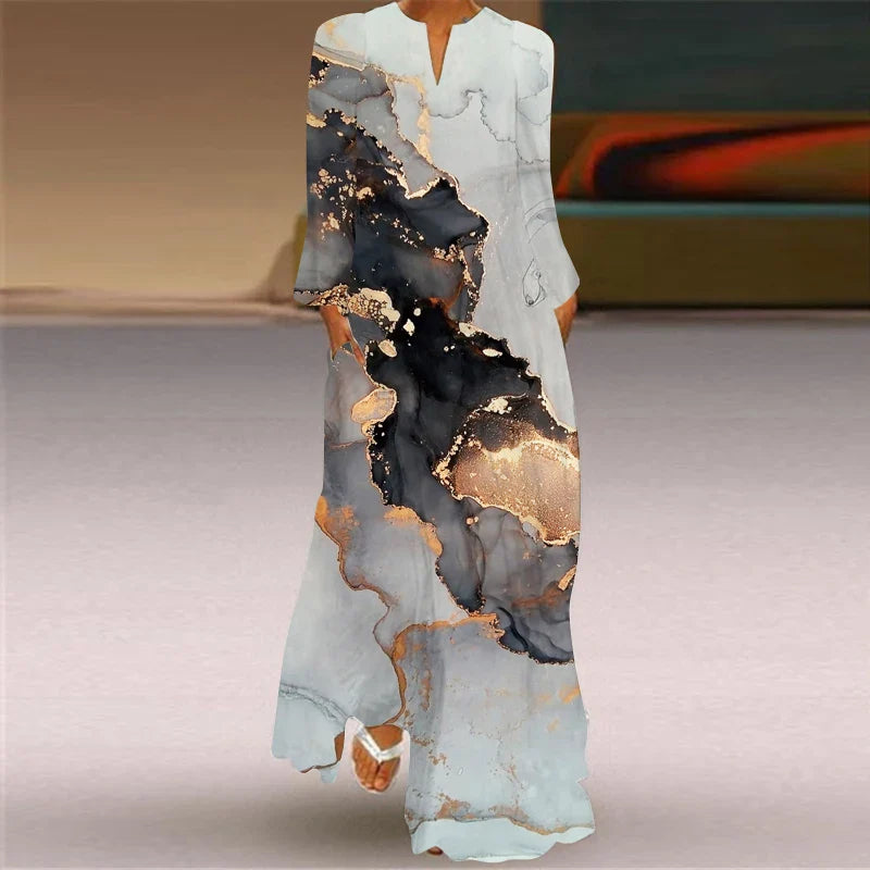 LM | 2024 European and American Cross Border Women New Dress V-Neck Long Sleeve Sexy Printed Large Pocket Foreign Trade Dress