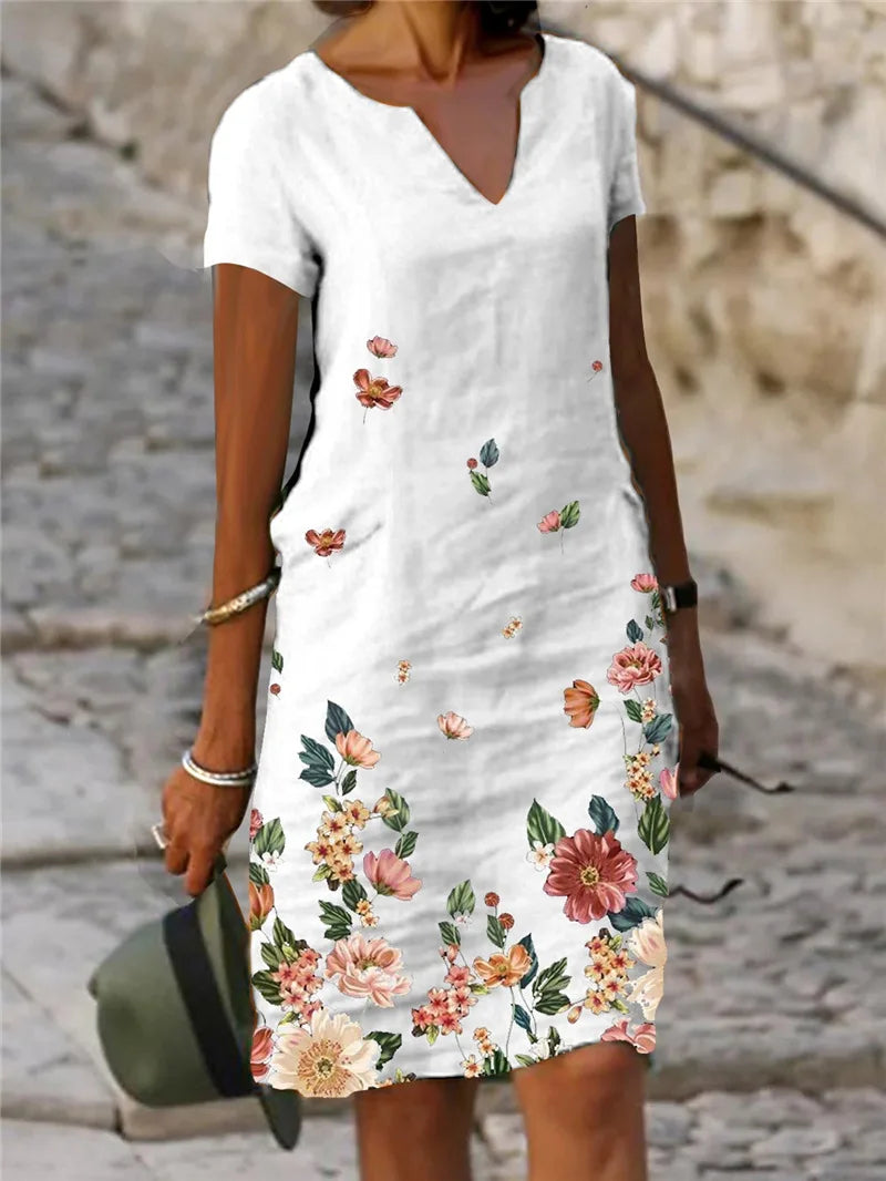 LM | 2024 Summer Elegant Women Dress Oversize Printed V-Neck Dresses Female Spring Trendy Beach Fashion Casual Loose Clothes Ladies