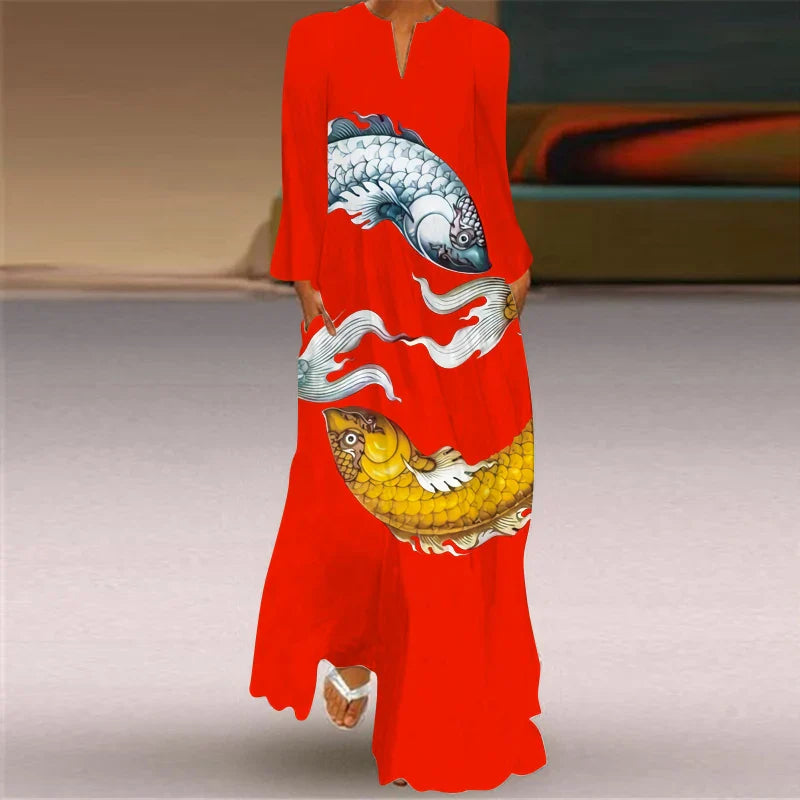 LM | 2024 European and American Cross Border Women New Dress V-Neck Long Sleeve Sexy Printed Large Pocket Foreign Trade Dress