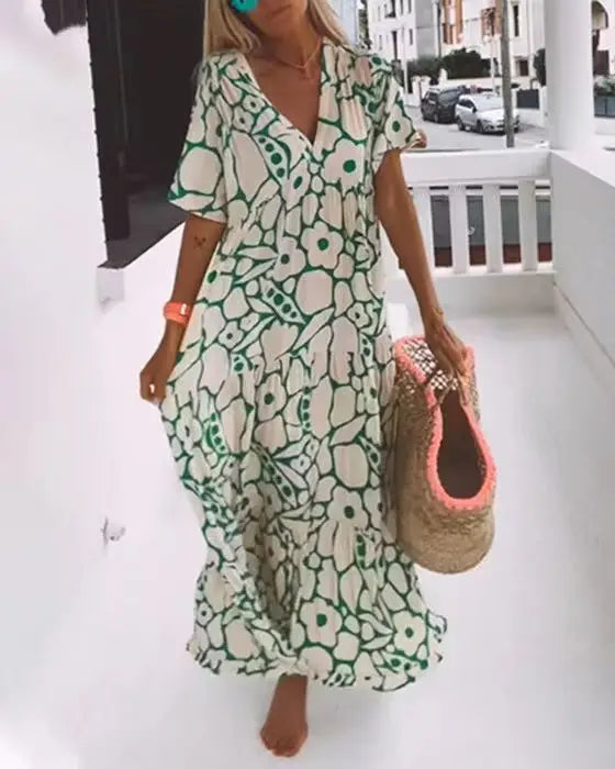 LM | 2024 AliExpress European and American Women Cross border Summer New Fashion Printed Short Sleeve Deep V-Neck Long Dress