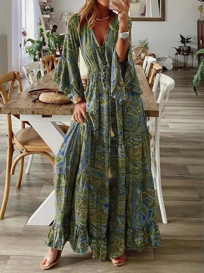 LM | 2023Cross border bohemian style flared sleeves printed v-neck high waisted vacation dress with floral floral dress for women