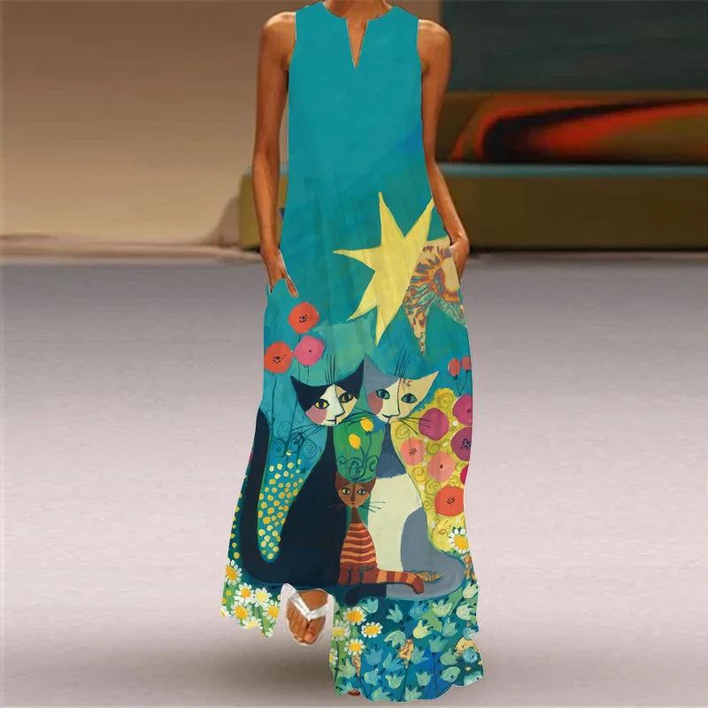 LM | 2024 New European and American Cross border Summer Long Dress Women Sleeveless V-Neck Printed Sexy