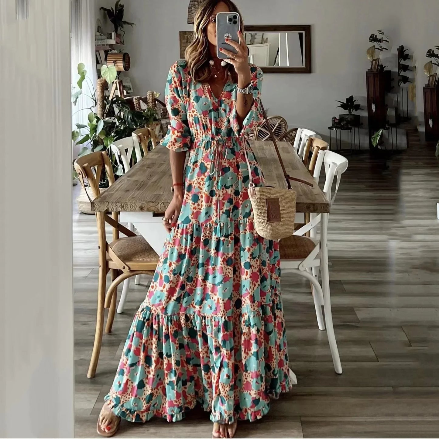 LM | 2024 summer new european and american women clothing temperament vacation v-neck printed big swing long dress