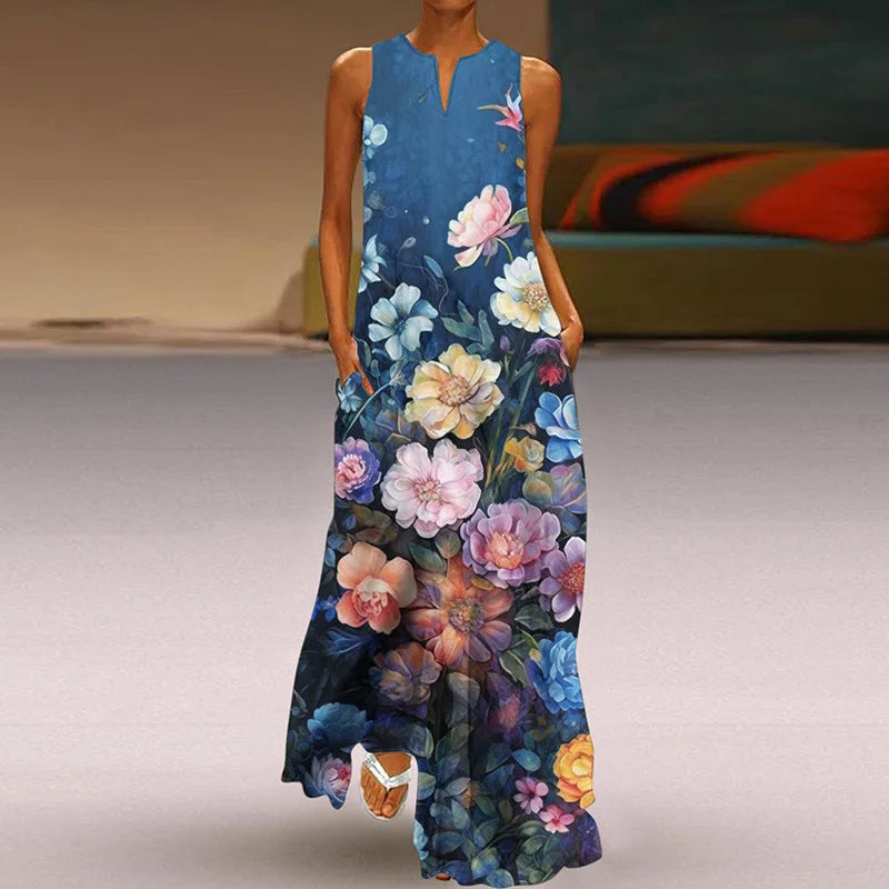 LM | 2025 Summer New Vintage Flower Printed Long Dresses Women Fashion V-Neck Loose Sleeveless Dress Casual Commuting Vestidos Female