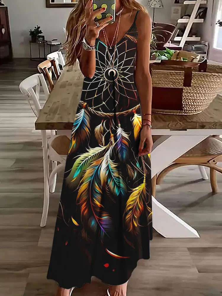 LM | 2024 New 3D Owl Vintage Print Sleeveless Vest Long Women Tribal Pattern Spaghetti Strap Dress Summer Long Loose Vest Dresses